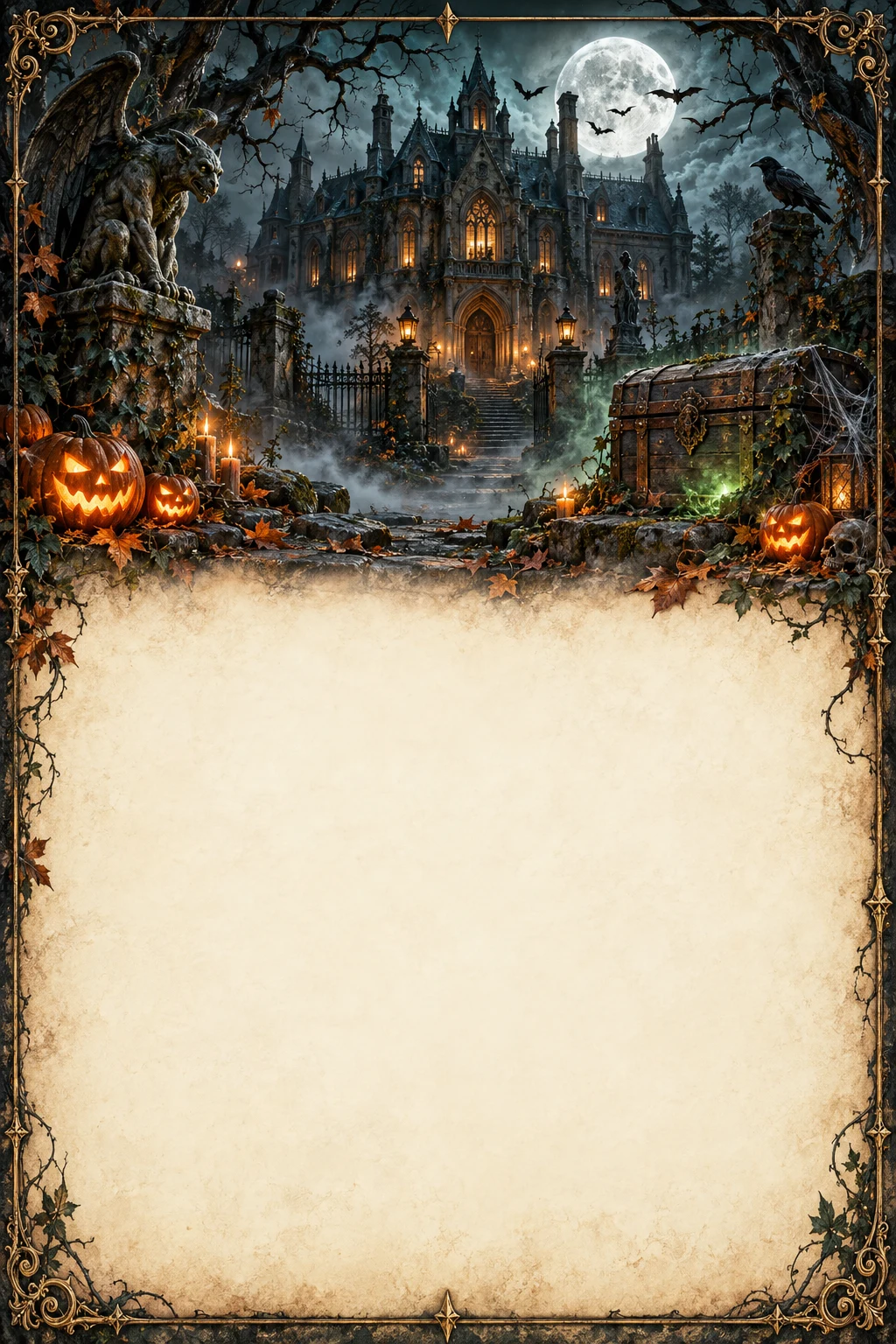 Halloween-Illustration: Spukschloss, Vollmond, Kürbisse und Schatztruhe